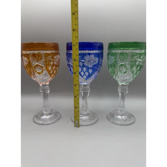 Anna Hutte Echt Bleikristall Blue, Green & Orange Crystal Wine Goblets Set 3 - Picture 3 of 7